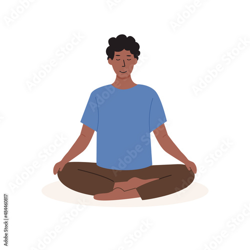 Square poster with young african male meditating and doing yoga breathing exercise. Man practicing Pranayama. Card with capture Meditation with palm leaves on background. Flat vector illustration.