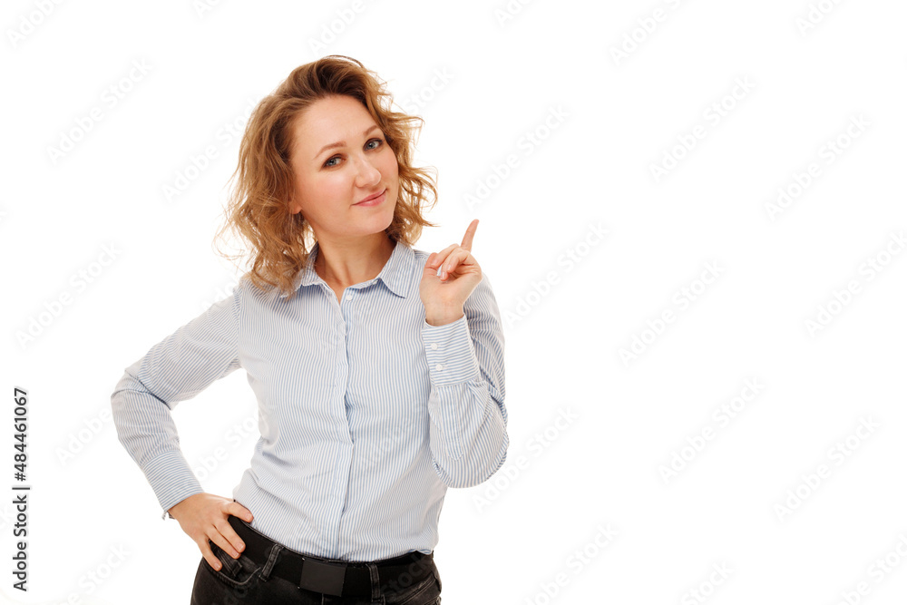 Young happy businesswoman with curly hair standing over white background smiling with happy face looking and pointing to the side with thumb up. Copy Place for your text Young happy businesswoman with curly hair standing over white background smiling with happy face looking and pointing to the side with thumb up. Copy Place for your text