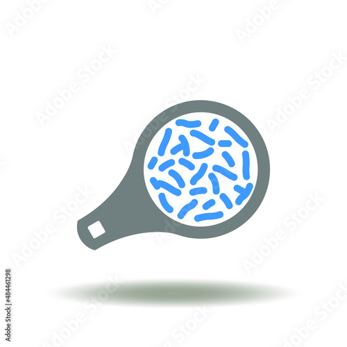 Vector illustration of magnifier with bacterium or viruses. Icon of legionella test. Symbol of laboratory research virus bacteria. photo