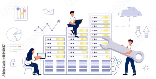Database administrator DBMS software Data center cloud Computer connection Hosting server Synchronize technology Application or website method to store, retrieve, and run queries Vector illustration
