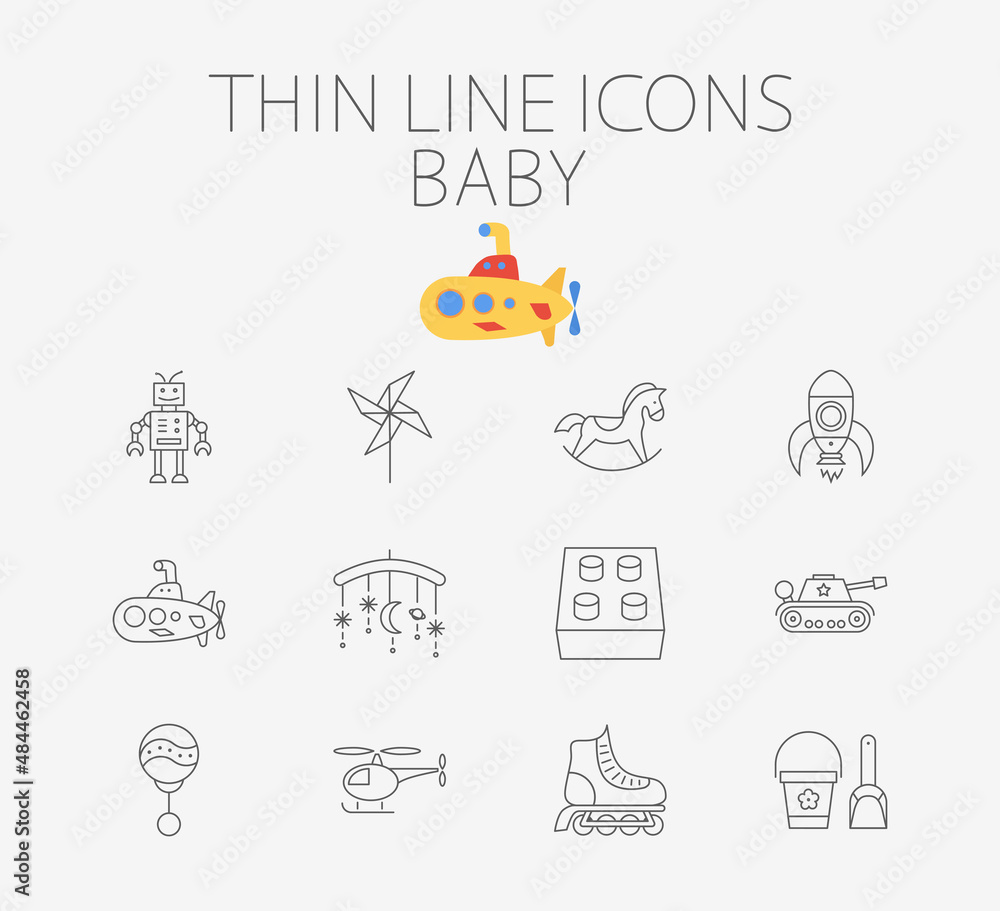 Baby thin line icon set for web and mobile applications. Set includes - block, whirligig, robot, horse, rocket, submarine, tank, rattle, crib toy, helicopter, roller skate, pail and shovel
