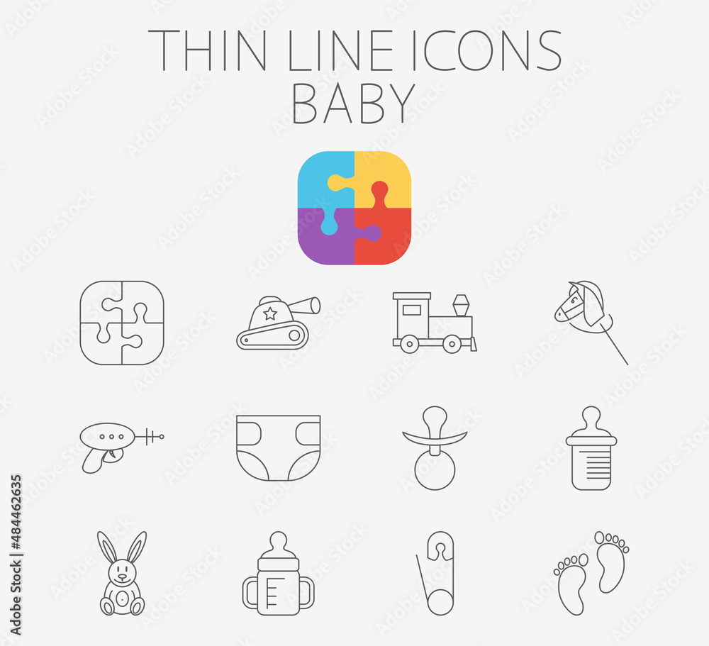 Baby thin line icon set for web and mobile applications. Set includes pin, diapers, feeding bottle, puzzle, tank, train, horse, gun, footprint, rabbit, nipple. Pictogram, infographic element Baby thin line icon set for web and mobile applications. Set includes pin, diapers, feeding bottle, puzzle, tank, train, horse, gun, footprint, rabbit, nipple. Pictogram, infographic element