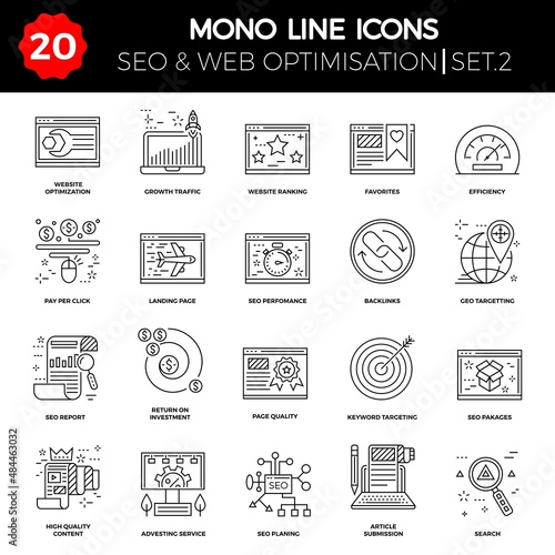 Thin Line Icons Set of Search Engine Optimization, Website and APP Design and Development. Simple Mono Line Pictogram Pack. Stroke Logo Concept, Web Graphic. icons
