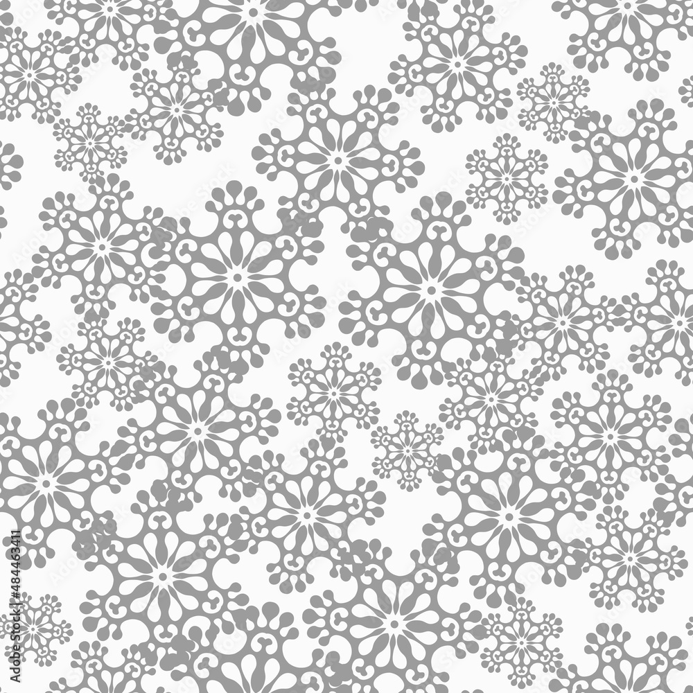 Winter seamless pattern with grey snowflakes on white background. Vector illustration for fabric, textile wallpaper, posters, gift wrapping paper. Christmas vector illustration. Falling snow Winter seamless pattern with grey snowflakes on white background. Vector illustration for fabric, textile wallpaper, posters, gift wrapping paper. Christmas vector illustration. Falling snow