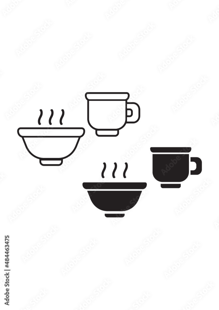 Breakfast. Hot meal bowl and coffee mug. Plate and cup vector icon isolated Breakfast. Hot meal bowl and coffee mug. Plate and cup vector icon isolated