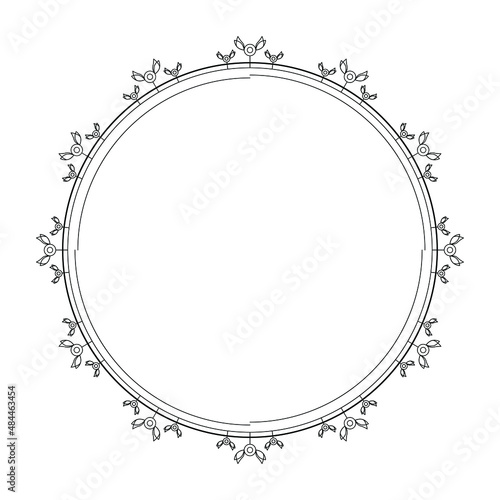 Abstract Black Simple Line Round Circle With Leaf Leaves Frame. Flowers Doodle Outline Element Vector Design Style Sketch Isolated Illustration For Wedding And Banner