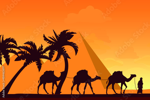 Silhouette of camels on the background of mountains. Vector graphics
