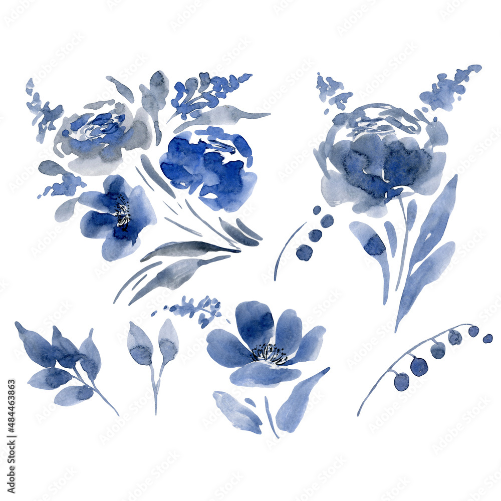 Blue watercolor flowers on white background