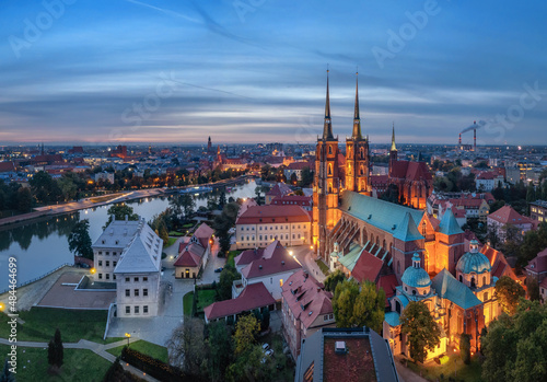 Aerial view of Cathedral of St. John the Baptist at dusk in Wroclaw, Poland