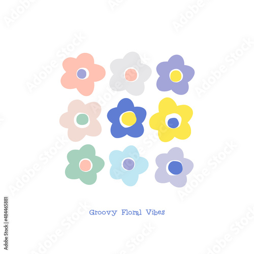 Multicoloured Naive Floral Daisy vector illustration set isolated on white. Groovy Floral Vibes phrase. Flower power childish floret print for nursery and baby fashion.