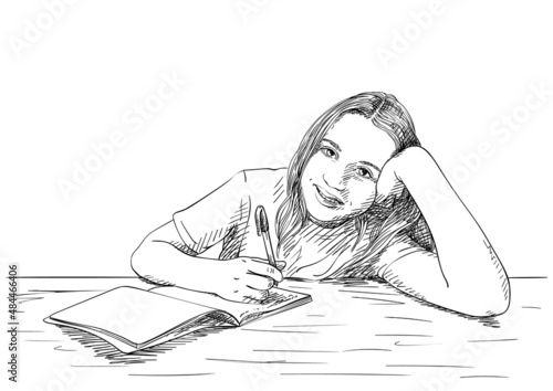 Sketch of girl writing in notebook, Hand drawn vector illustration, Children, education and learning concept