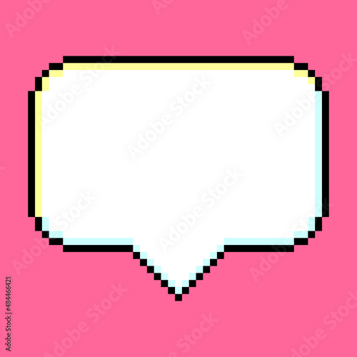 Speech bubble pixel art blank white text box black outline isolated on pink background, Computer games graphics vector illustration
