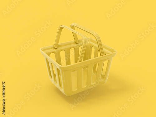 Yellow mono color shopping cart half view on yellow solid background. Minimalistic design object. 3d rendering icon ui ux interface element. photo