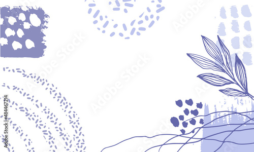 Abstract purple background in a trendy very peri palette. Minimalist leaves and plants banner with space for text