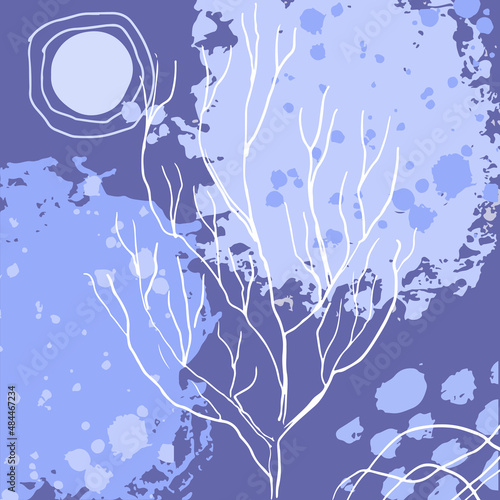 Abstract purple background in a trendy very peri palette. Minimalist leaves and plants banner