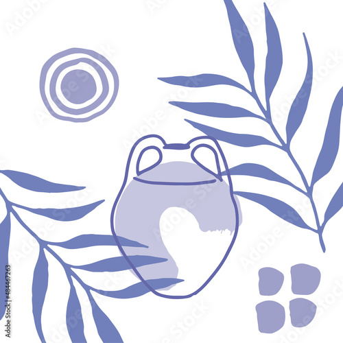 Abstract purple background in a trendy very peri palette. Minimalist leaves and plants banner
