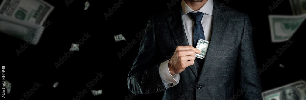 American cash. Business man hand holding dollar sign. Usd bill money falling banner. American cash. Business man hand holding dollar sign. Usd bill money falling banner.