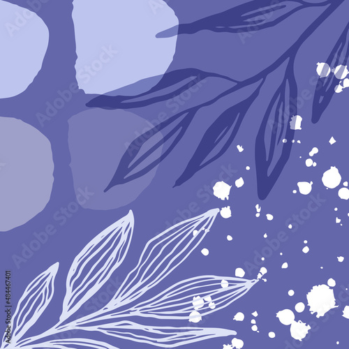 Abstract purple background in a trendy very peri palette. Minimalist leaves and plants banner