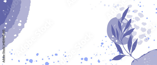 Abstract purple background in a trendy very peri palette. Minimalist leaves and plants banner with space for text