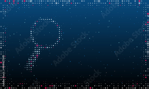 On the left is the magnifier symbol filled with white dots. Pointillism style. Abstract futuristic frame of dots and circles. Some dots is pink. Vector illustration on blue background with stars