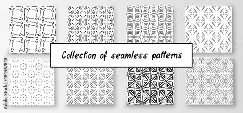 Set of seamless abstract geometric hand-drawn patterns. Modern creative background