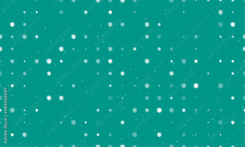Seamless background pattern of evenly spaced white sea urchin symbols of different sizes and opacity. Vector illustration on teal background with stars