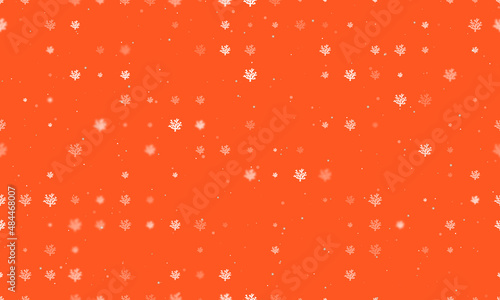 Seamless background pattern of evenly spaced white coral symbols of different sizes and opacity. Vector illustration on deep orange background with stars