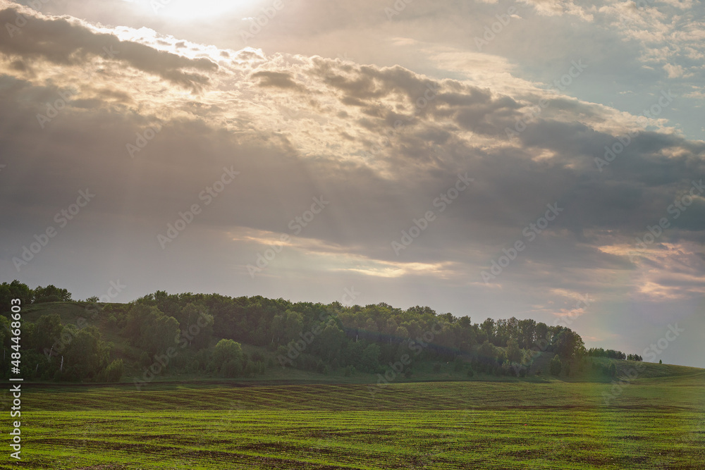 Field, forest and the rays of the sun break through the clouds.