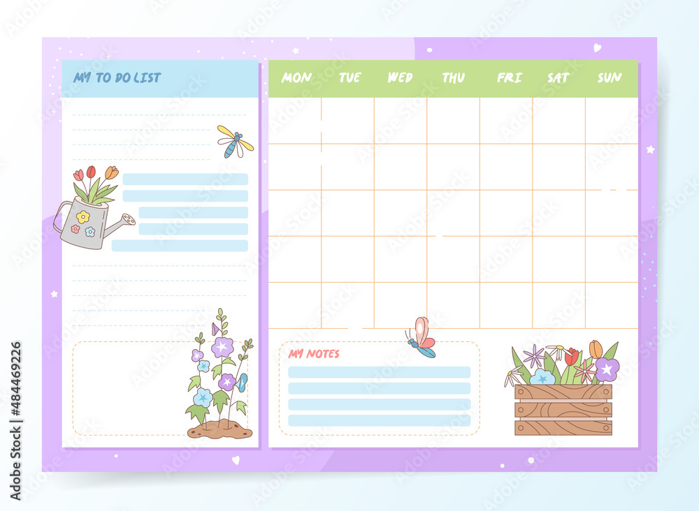 A weekly planner with cute flowers and insects. Vector graphics.
A weekly planner with cute flowers and insects. Vector graphics.