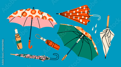 Set of different Umbrellas in various positions. Open and folded umbrellas. Various prints. Hand drawn colored Vector illustration. Cartoon style. Design templates. All elements are isolated