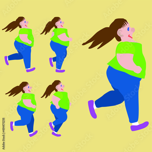 A plus size woman is jogging and feels happy.  Body positive concept. Cycle for  GIF animation. Sprite sheet. Frame by frame animation. Vector drawing. 