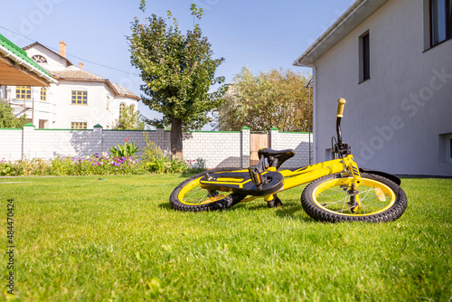 Children's bicycle isolated on a green lawn.