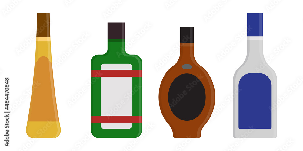 Simple set of alcoholic colorful bottles illustration. Alcohol cocktails drinks icons. Bar menu flat color vector logos. Simple set of alcoholic colorful bottles illustration. Alcohol cocktails drinks icons. Bar menu flat color vector logos.
