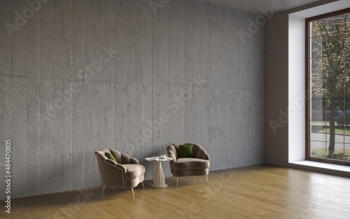 Fototapeta Naklejka Na Ścianę i Meble -  Empty wall in Scandinavian style interior with armchair. 3D illustration, cg render
