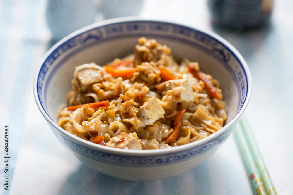 Pad Thai with tofu. Thai dish with rice noodles, carrots and peanuts Pad Thai with tofu. Thai dish with rice noodles, carrots and peanuts