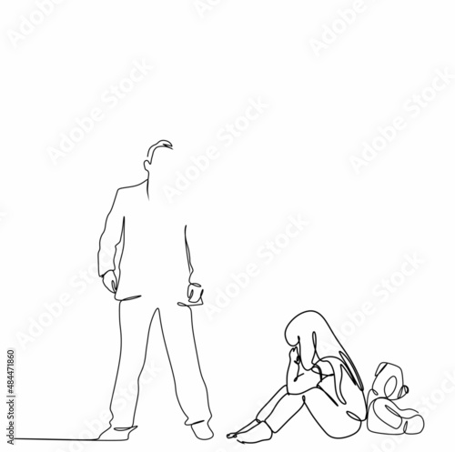 a linear drawing of a girl with a toy and men's hands threatening a child, the concept of domestic violence against children.