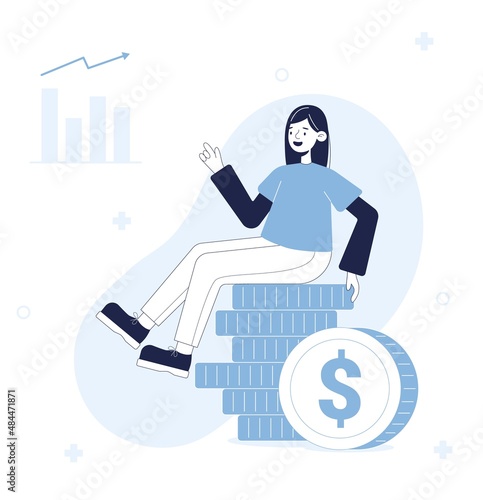 Investment and Finance Management Concept. Flat Cartoon Vector Illustration. The consultant, leaning on a stack of coins, smiles amiably and waves his hand. A successful investor or entrepreneur.
