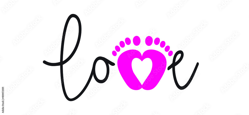 Slogan love, welcome, little girl. New born, pregnant or coming soon Roze footprints with Love heart icon. Flat vector pictogram. Slogan love, welcome, little girl. New born, pregnant or coming soon Roze footprints with Love heart icon. Flat vector pictogram.