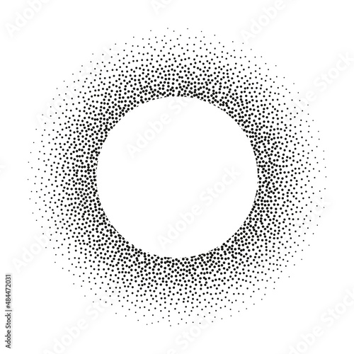 Halftone circle frame with black random dots, logo emblem design element for technology, medical, treatment, cosmetic. Border with empty space for your text, round shape. Vector illustration
