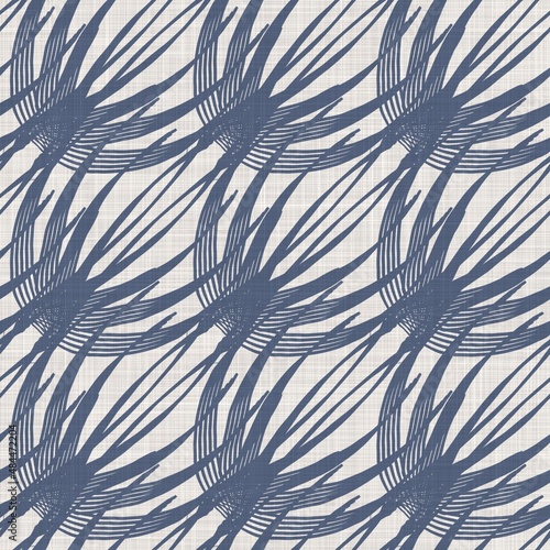 French blue botanical leaf linen seamless pattern with 2 tone country cottage style motif. Simple vintage rustic fabric textile effect. Primitive modern shabby chic kitchen cloth design.