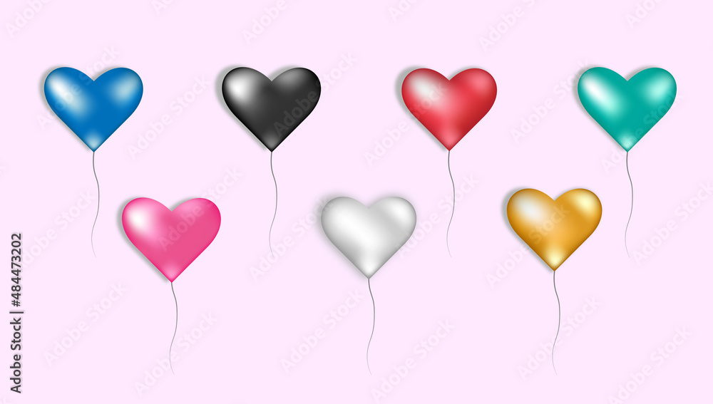 Collection of shiny 3d hearts with shadow  Valentines day glossy balloon red, pink, black, blue, green, silver and golden hearts. Realistic vector illustration of love symbol.