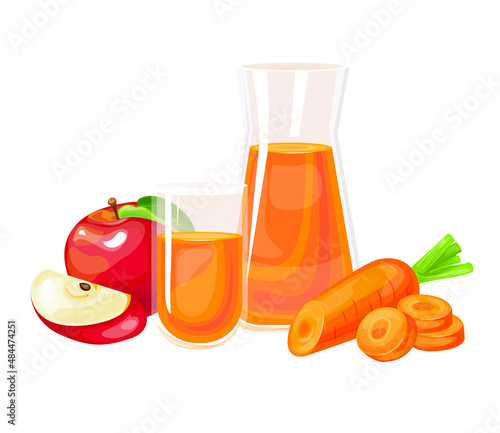 Fresh apple and carrot juice in glass, red apples, and a piece of carrot. A realistic transparent tall glass of juice, vector illustration on white background