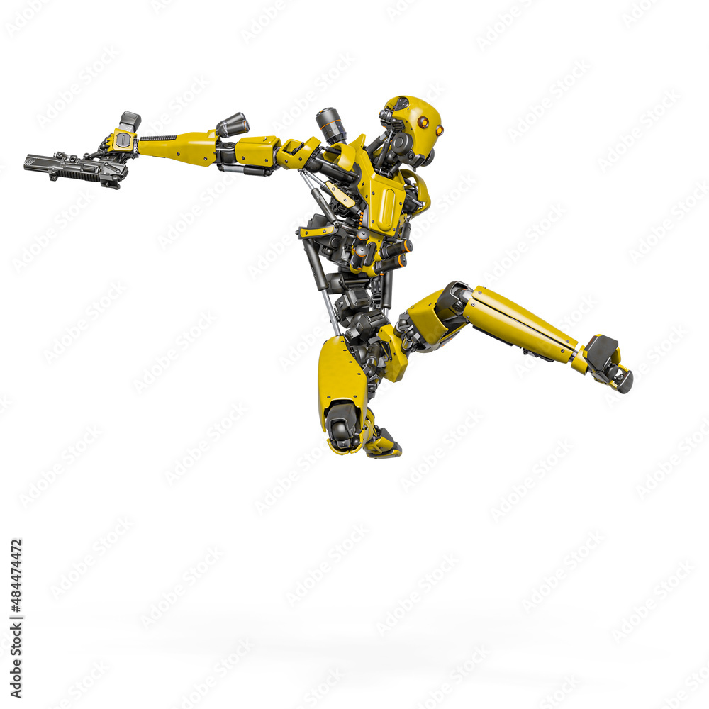 droid soldier is jumping fast in action and holding a pistol droid soldier is jumping fast in action and holding a pistol