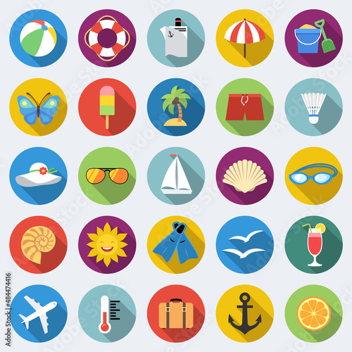 Set of long shadow summer rest icons. Traveling, tourism, vacation theme