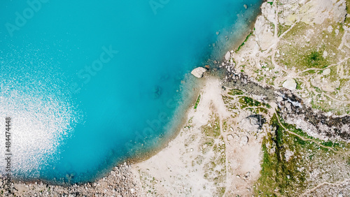 Landscape with a large blue mountain lake in the Caucasus Mountains. lake top view. drone aerial