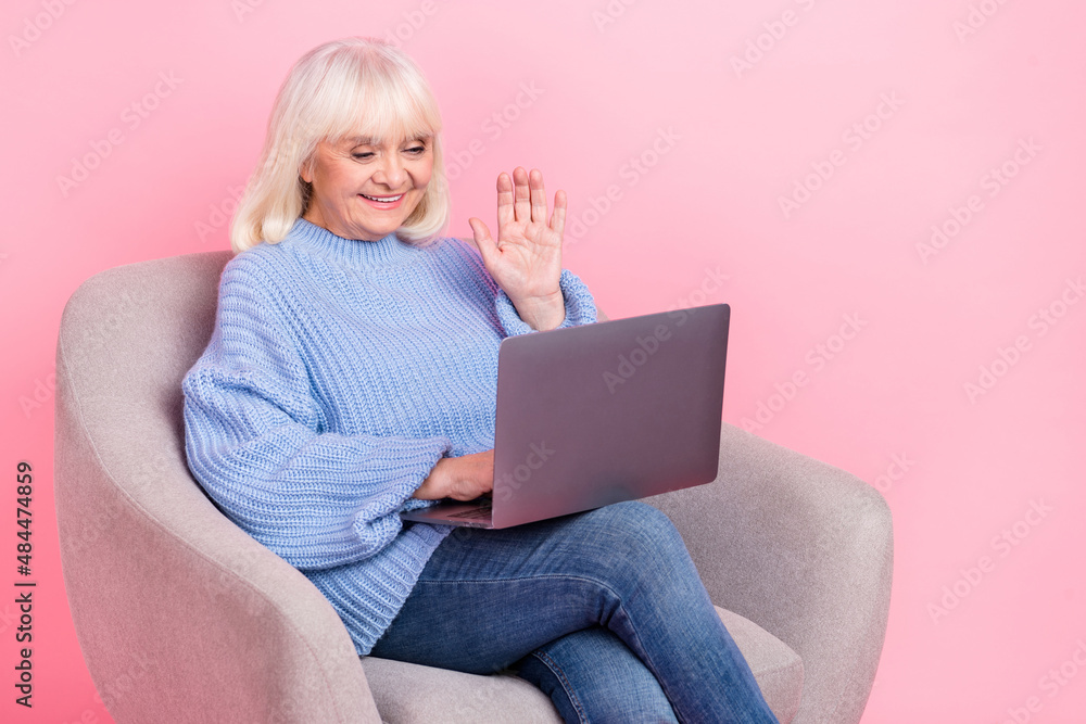 Naklejka premium Portrait of attractive cheerful grey-haired woman using laptop calling waving hi hello isolated over pink pastel color background