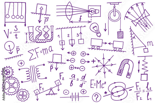 Phisics symbols icon set. Science subject doodle design. Education and study concept. Back to school sketchy background for notebook, not pad, sketchbook. Hand drawn illustration.