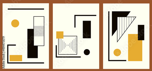 A set of three black and gold aesthetic geometric backgrounds. Minimalist social media posters, cover designs, web, home decor. Vintage bright illustrations with shapes, circles, lines, rectangles