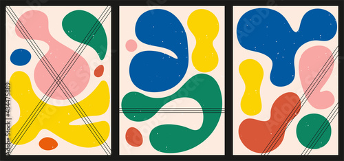 A set of three colorful aesthetic geometric backgrounds. Minimalist social media posters, cover designs, web, home decor. Vintage illustrations with shapes, lines, rectangles.