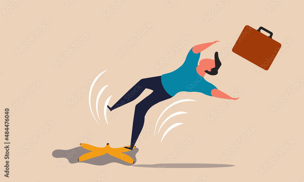 Business error with careless businessman and warning step slip. Failure insurance sudden injury vector illustration concept. Safety money and finance crash. Man dropped on banana peel and fall